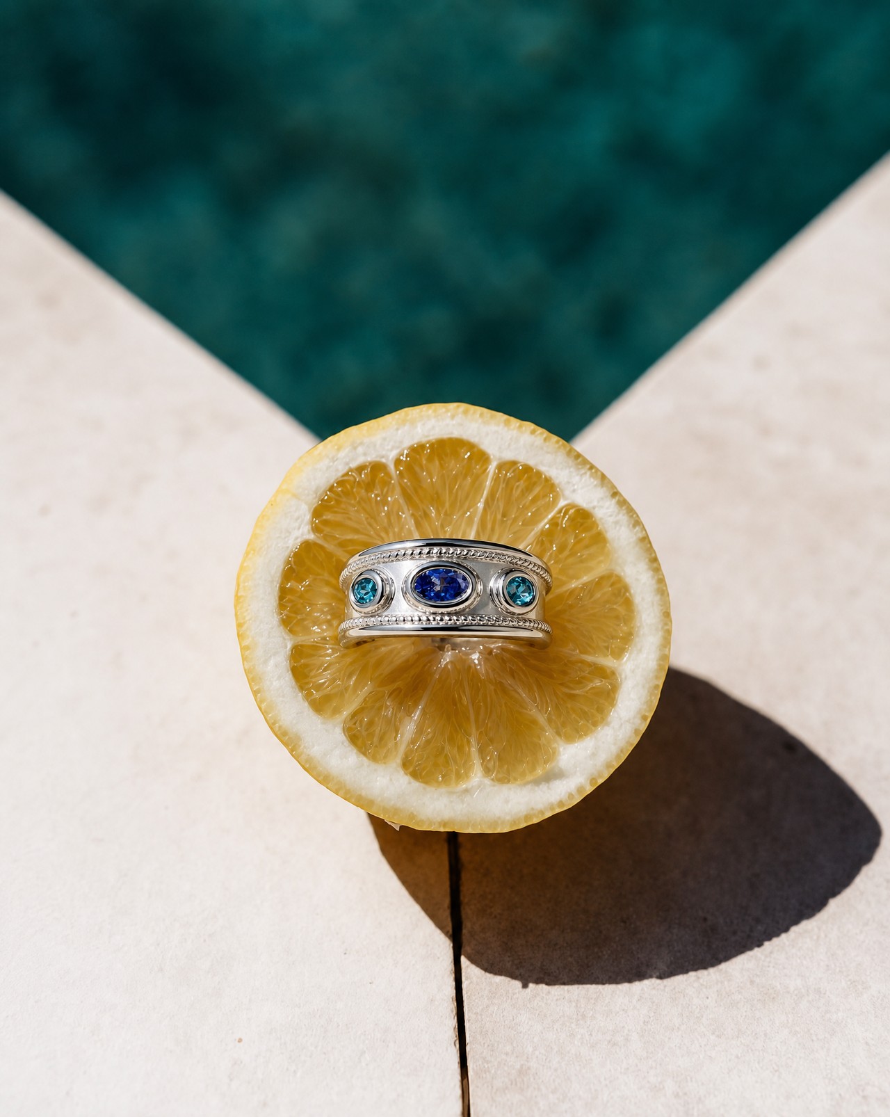 Silver Ring Katana with Tanzanite & natural blue Zircon