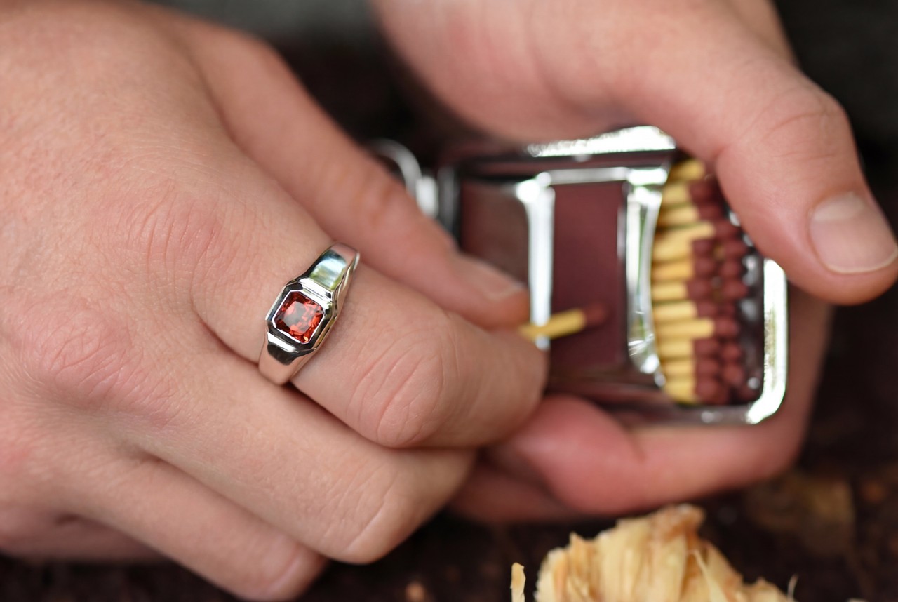 Signet ring octagon w/ Malaya Garnet