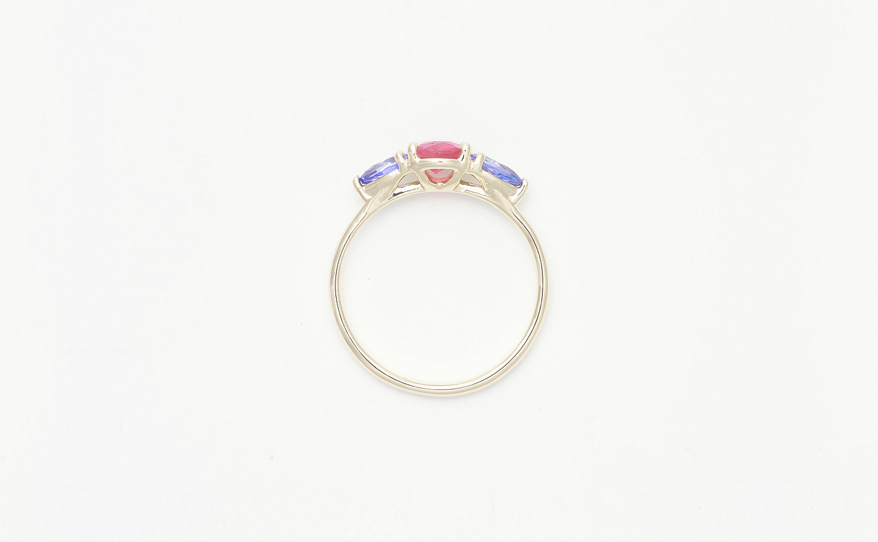 Trilogy Ring w/pink Spinel & Tanzanite in 14k Gold - view 3