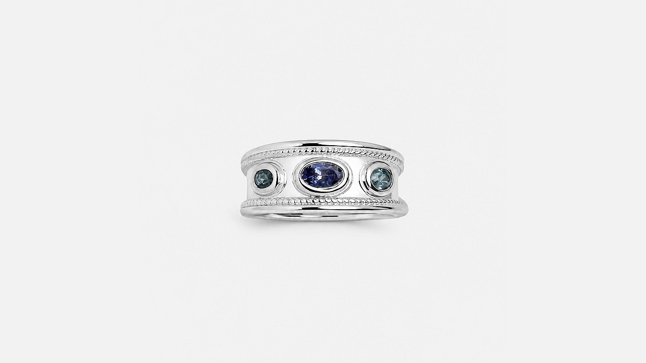 Silver Ring Katana with Tanzanite & natural blue Zircon - view 3