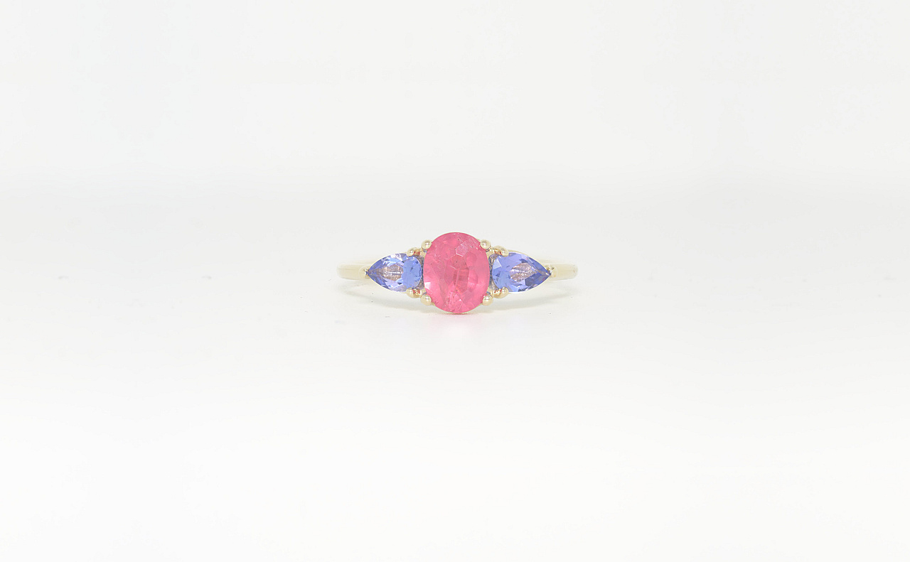 Trilogy Ring w/pink Spinel & Tanzanite in 14k Gold