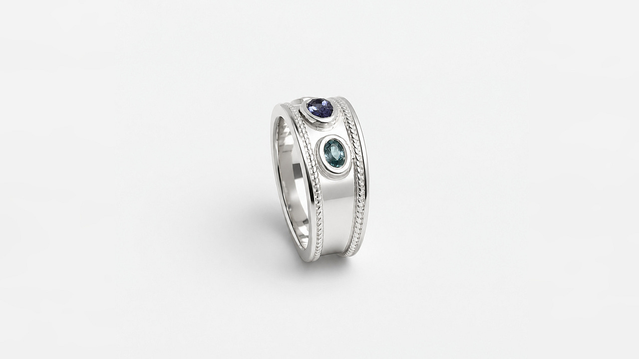 Silver Ring Katana with Tanzanite & natural blue Zircon - view 2